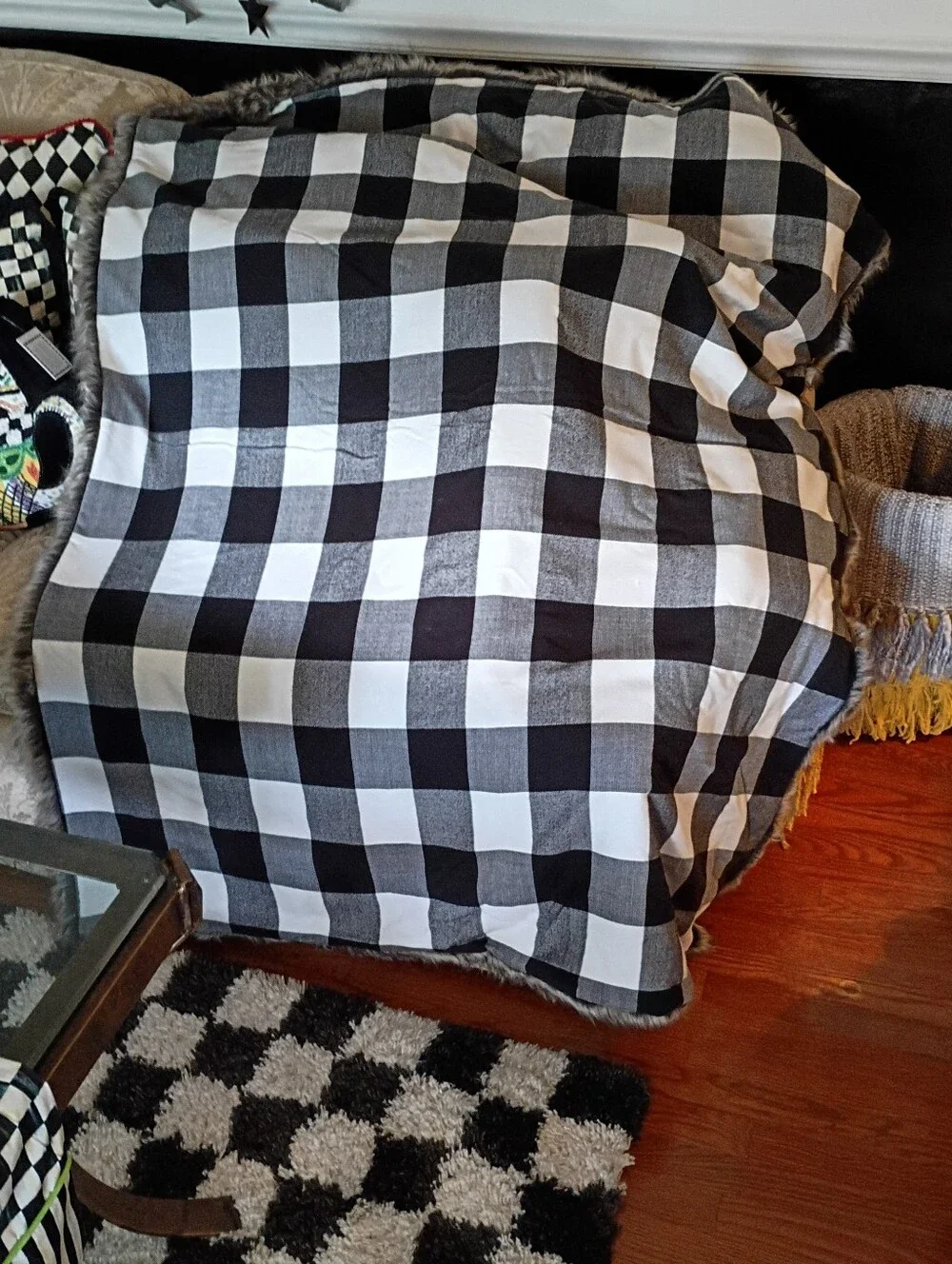 Arhaus Black And White Checkered Faux Fur Throw 62